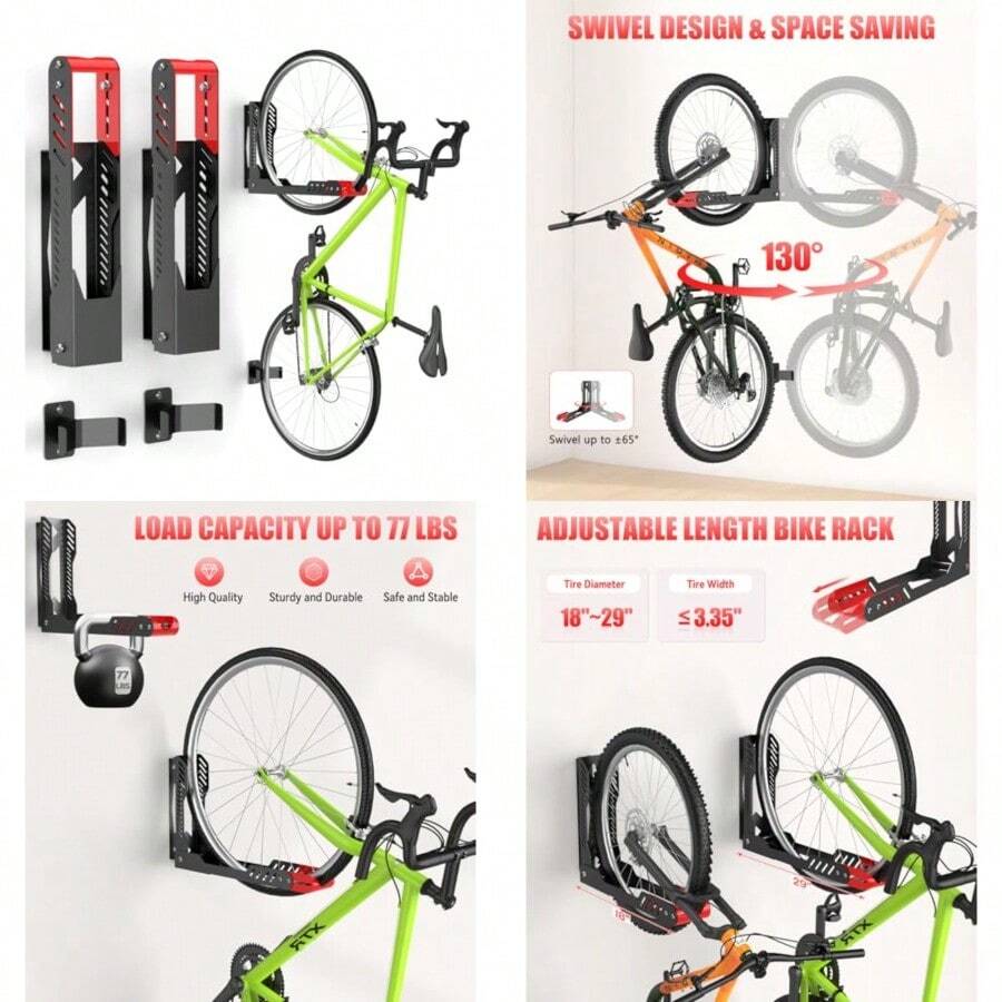 ALIXUEQIN - Soporte de pared para bicicleta, soportes giratorios para cochera, no requiere levantamiento pesado, ganchos de pared para bicicleta que puede soportar hasta 75 libras, color - rojo - Ver 1