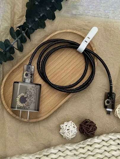 5pcs Set Black Apple Charger Protector Case, 20W Adapter Cover, 15/14 Data Cable Clip, Winder, Sunflower & Butterfly Design