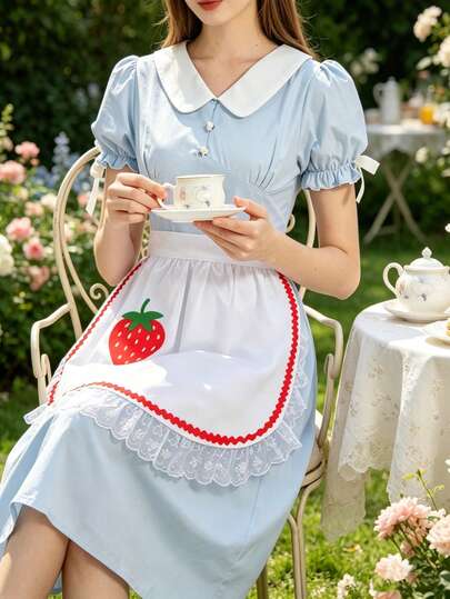 Sweet Strawberry Print Lace Maid Apron With Wavy Red Edges, Lace Trim Design, Adjustable Ties, Suitable For Kitchen Baking, Lolita Outfits, And Garden Photoshoots.