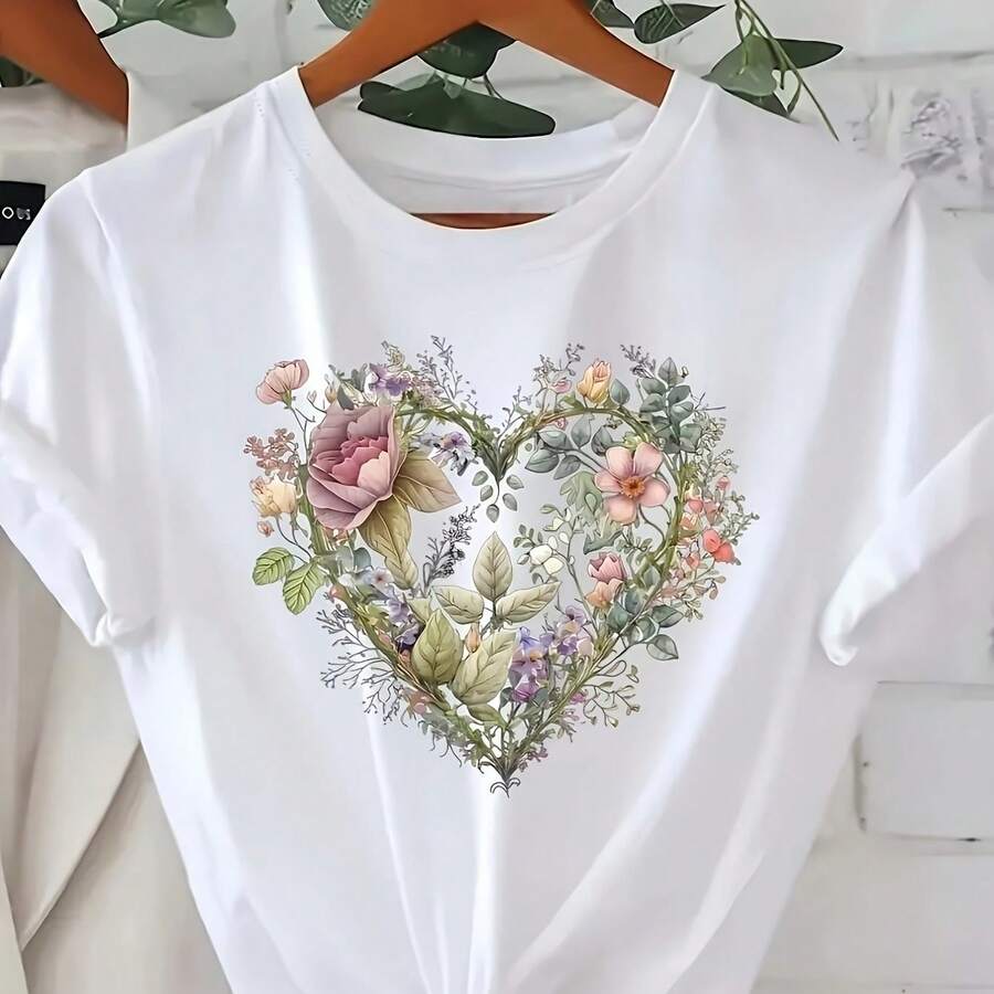 Camiseta para Mujer con Estampado de Letra "C" y Texto Dorado, Manga Corta - Blanco - Ver 1