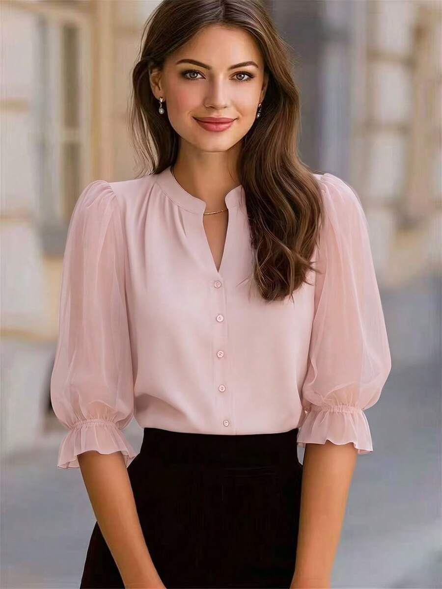 優雅女款圓領 3/4 袖透視網紗花瓣袖開襟襯衫,春夏季職場與休閒穿搭,粉色,專業風格 - 粉色 - 查看 1