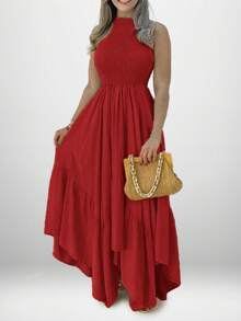 Vestido largo unicolor con falda amplia, estilo elegante primavera 2026 - Rojo - Ver 2