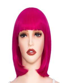 Rose Bud Hot Pink Bob Wig With Fringe 12 Inch Short Straight Costume Wigs For Women Cosplay Party Halloween - Rose Red - View 2