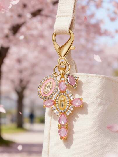Llavero con cruz de color rosa con brillantes, talismán con perlas falsas y brillantes - Llavero con cruz, talismán de bolso, colgante con cruz, accesorios decorativos para billetera, mochila, auriculares, equipaje y anillo de coche