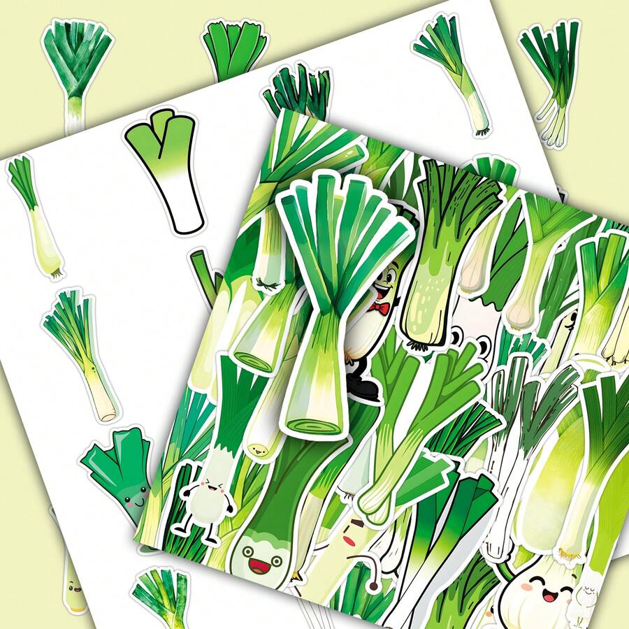 50pcs Green Vegetable Plant Scallion Cartoon Cute Decorative Stickers For Notebook, Stationery Box, Skateboard - Scallions - View 1