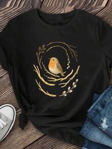 Camiseta de mujer con estampado de pájaros, camisa de manga corta para damas, camiseta casual de manga corta para primavera y verano, top casual de cuello redondo para primavera y verano, camiseta de cuello redondo con estampado, diseño retro de moda de temporada, camisa de manga corta para mujer de ajuste cómodo, tops para mujer. - Negro - Ver 1