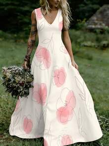 Women's Summer Dress, Off-White Pink Ink Line Floral Print Sleeveless Maxi Dress, Gentle Art Style Drapey Long Skirt - 彩色 - 查看 2