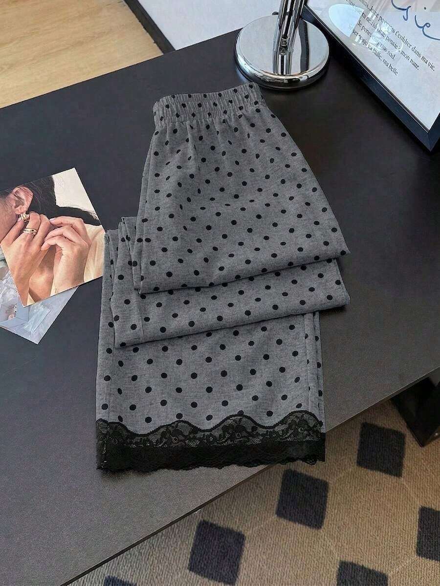 Pantalones rectos sueltos con cintura elástica, estampado de lunares y parches de encaje, adecuados para uso diario.Pantalones de lunares, pantalones con ribete de encaje, pantalones blanco y negro, pantalones de lunares blanco y negro para mujer - Gris - Ver 1