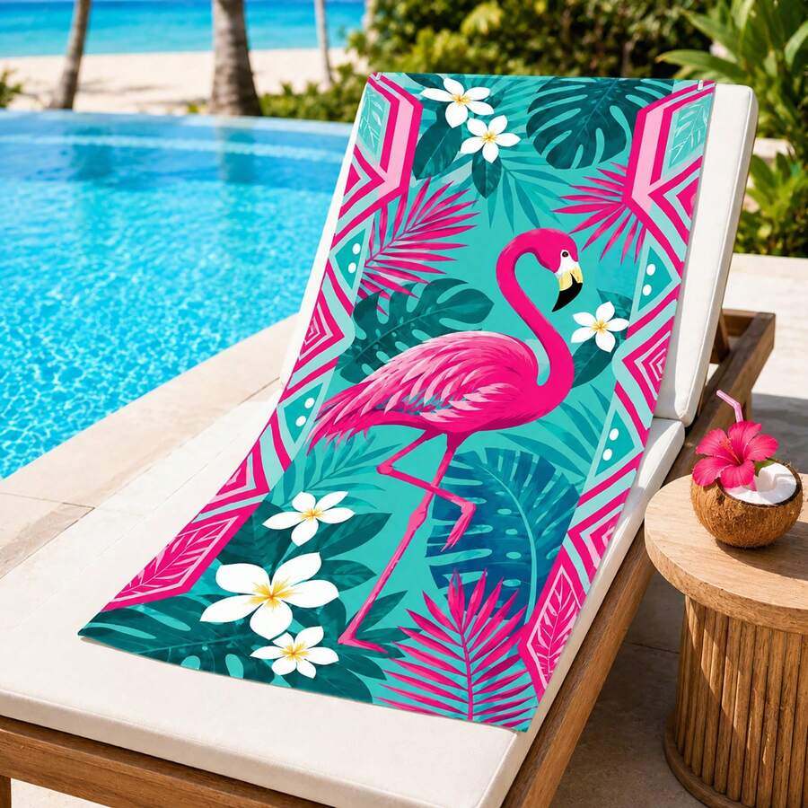 1pc Flamingo & Plant Pattern Beach Towel, Super Soft Microfiber Extra Large Beach Blanket, Highly Absorbent Bath Towel, Suitable For Travel, Swimming Pool, Diving, Surfing, Yoga, Camping, Available In Multiple Sizes, Beach Accessories For Beach, Pool, Travel, Camping, Yoga - Flamingos - View 1