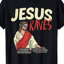Jesus Raves Electronic Music EDM Festival DJ Gift T-Shirt Festival Clothing Men's T-Shirts (1)-Urban Vintage Style Unisex Cotton Short Sleeve Round Neck Loose Blouses For Women. Blouses. Casual Blouses For Ladies. - 黑色 8 - 查看 7