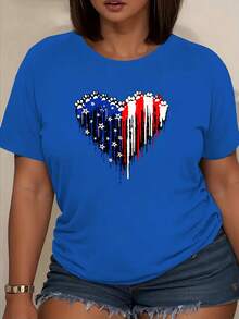 Women's Casual Short-Sleeved T-Shirt With A Patriotic Heart Print, Regular Length. Suitable For: Home, Gatherings, Vacations, School, Parties, Etc. A Versatile Wardrobe Staple That Can Be Layered With Other Clothing. Great Gift Idea. - 藍色 - 查看 1
