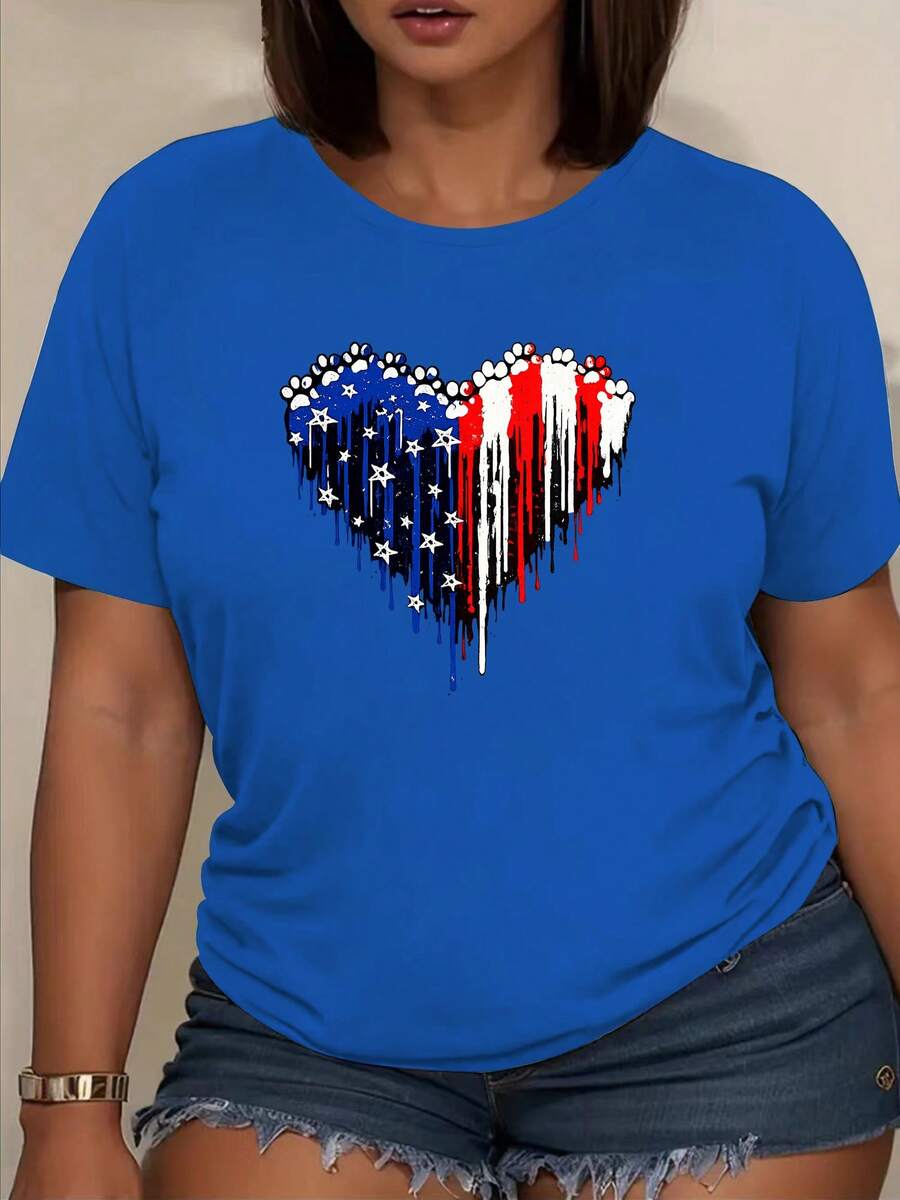 Women's Casual Short-Sleeved T-Shirt With A Patriotic Heart Print, Regular Length. Suitable For: Home, Gatherings, Vacations, School, Parties, Etc. A Versatile Wardrobe Staple That Can Be Layered With Other Clothing. Great Gift Idea. - 藍色 - 查看 1