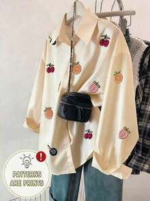 Camisa casual de manga larga con botones delanteros y bordado de frutas - Multicolor 4 - Ver 5