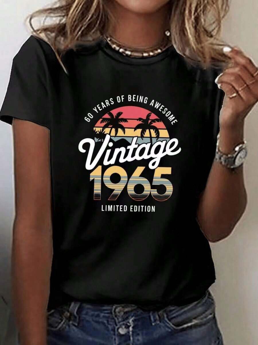 Camiseta Clásica Vintage para Mujer, Edición Limitada, con Diseño del 60º Aniversario de 1965 - Manga Corta, Cuello Redondo, Estilo Casual, Diseño de Palmeras al Atardecer, Lavable a Máquina con Ligera Elasticidad, Estilo para Todas las Temporadas, Camiseta Estampada de Moda de Verano, Ajuste Cómodo. - Negro - Ver 1