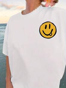 Summer Tops, Plus Size Graphic Print T-Shirt, Casual Short-Sleeved Round-Neck Top For Summer And Spring, Plus Size Women's Clothing, Cotton T-Shirt, Women's - White - View 1