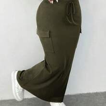 Plus Size Women's Casual High Waist Belted White Cargo Midi Skirt - Café integral - Ver 2