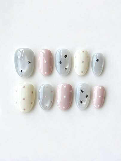 10pcs Pure Handmade Press On Nails Short Nails Almond Nails Pink Nails Gentle Sweet Style Milky Pink And Gray Cat Eye Nails With Hand-Painted Polka Dots And Star Accents, Cute Daily Press-On Nails For Women And Girl,Spring Summer Fall Winter Festivals Party And Dailys Life Use