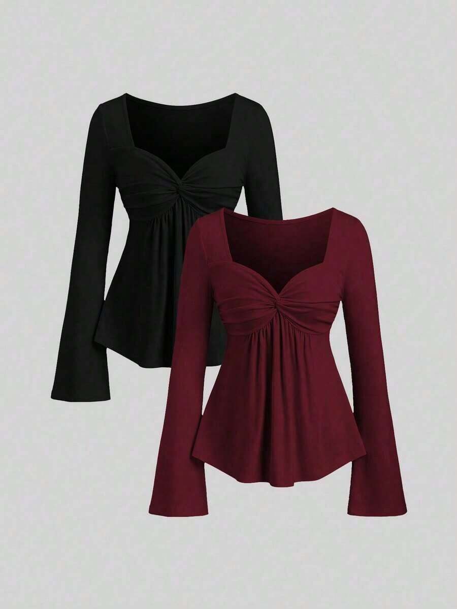 2 piezas Conjunto de camisetas de manga larga versátiles, elegantes y cómodas para mujer - Multicolor 3 - Ver 1