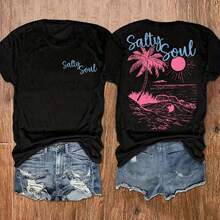 100% Cotton Women's T-Shirts 2026 With Letter And Beach Print, Round Neck T-Shirt, Casual Short Sleeve Top For Vacation, Korean Style Women's Clothing - Black - View 6