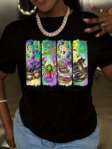 Camiseta de Mujer para el Festival Gras, Diseño Colorido de Carnaval, Camiseta para Fiesta, Ropa para Celebrar el Evento Gras - Negro - Ver 2