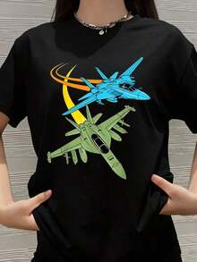 Camiseta con Gráfico de Avión de Combate, Diseño de Aviación Militar para Hombres y Mujeres, Ropa Casual Unisex, Idea de Regalo para Viajes al Aeropuerto - Negro - Ver 1
