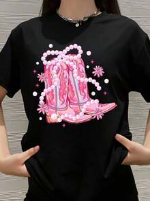 Camiseta con Estampado de Botas Vaqueras Rosadas, Perlas y Flores para Mujer, Moda Casual Urbana, Top de Verano para Fiesta Western, Festival, Regalo de Cumpleaños - Negro - Ver 7