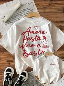 GiftCamiseta de manga corta y cuello redondo estilo fácil con estampado de doble cara que muestra elementos y el texto 'Amore Pasta Vino E Basta'Soft - Blanco - Ver 1