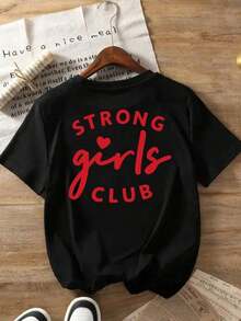 GiftCamiseta de manga corta con estampado a doble cara, Powerful Girls Club, camiseta casual moderna para mujer Strong Girls, top casual de manga corta con cuello redondo, adecuada para verano y primavera, ropa de mujer - Camiseta de manga corta con cuello redondo, estilo vintage urbano, unisex, holgada, de algodón. Suave - Negro - Ver 3