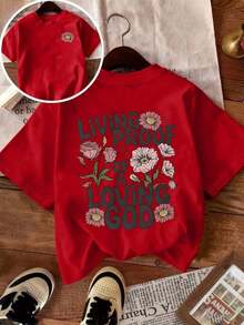 Camiseta de manga corta suave para primavera/verano, nueva llegada: Camiseta casual de manga corta para mujer, con cuello redondo, estampado floral y de letras en ambas caras, moderna y fresca para el verano, 100% algodón. - Rojo - Ver 1