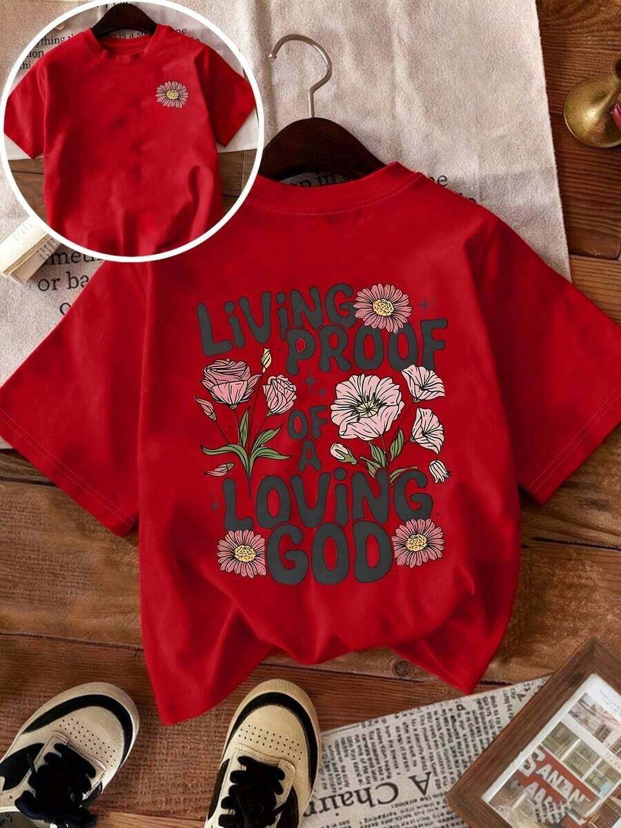 Camiseta de manga corta suave para primavera/verano, nueva llegada: Camiseta casual de manga corta para mujer, con cuello redondo, estampado floral y de letras en ambas caras, moderna y fresca para el verano, 100% algodón. - Rojo - Ver 1