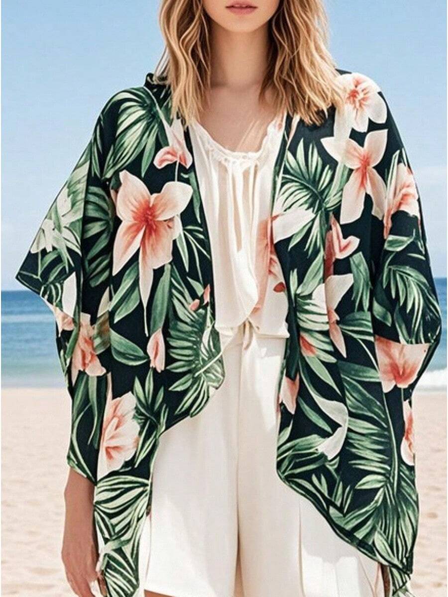 Summer Multi-Print Kimono Cover Up, Loose Vacation Open Front Swimsuit Cover - Printed Shawl 1101 - View 1