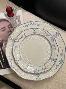 Cabin Kangaroo 1pc French Vintage Style Tableware, Exquisite Craftsmanship, Blue Tone, Ruffled Edge Design, Embossed Ceramic Technique, Dessert Bowl, Breakfast Bowl, Soup Plate, Showcasing French Charm, Elegant Dining Experience. - Multicolor - View 3