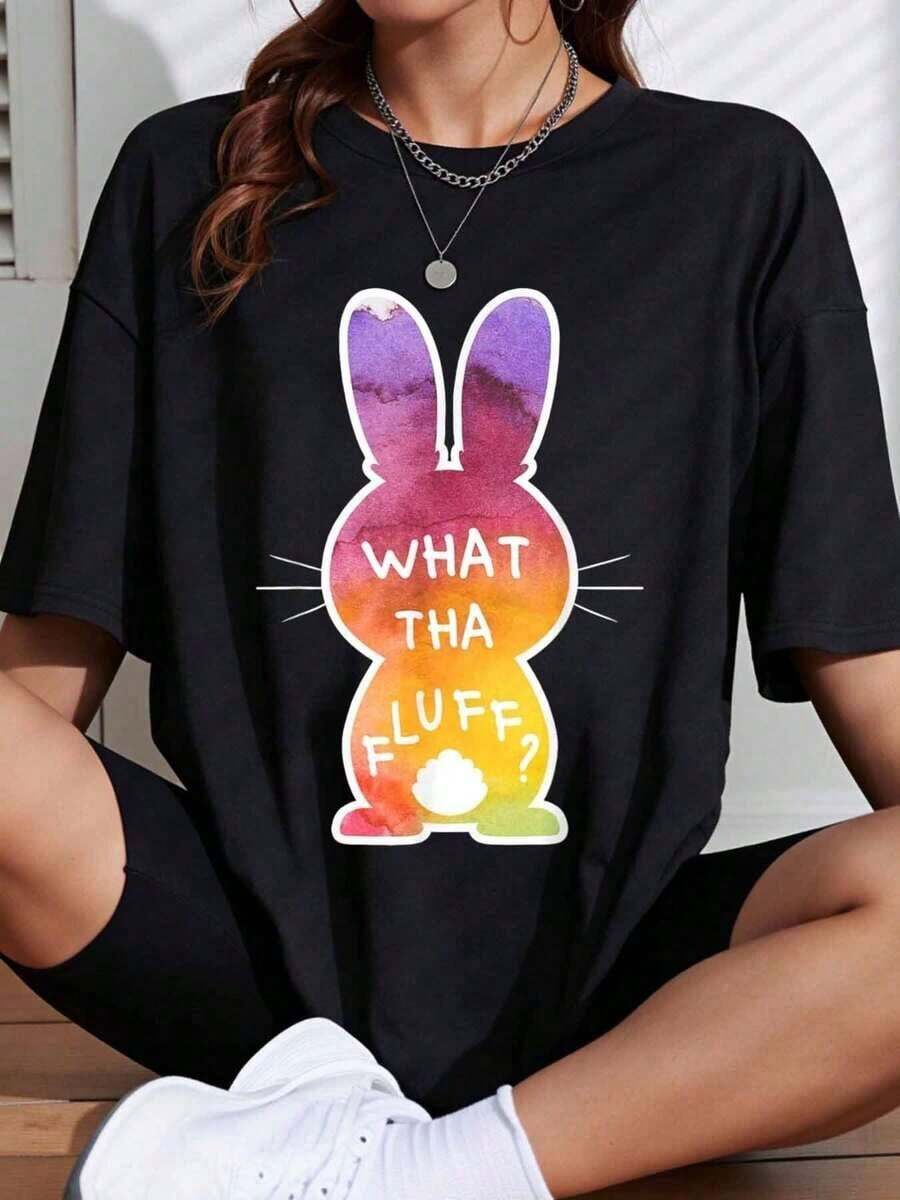 Camiseta Blanca Oversize con Estampado de Conejo Arcoíris "What Tha Luff" para Uso Casual - Negro - Ver 1
