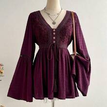 Women's Bohemian Lace Patchwork Flare Sleeve Tie Waist Blouse, Suitable For Vacation, Casual, Elegant Wear, Music Festival Spring - Negro - Ver 2