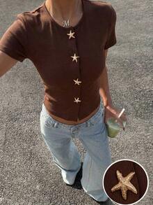 Muchic Holiday Summer Vacation Starfish Button White Knit T-Shirt - Marrón Chocolate - Ver 3