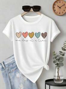 And  Women's Graphic T-Shirt | Colorful Hearts, One Day At A Time | 100% Cotton Fabric | Soft And Comfortable | Perfect For Everyday Wear And Gifts | Unisex Crew Neck T-Shirt | Made In Mexico | Domestic Shipping Men's T-Shirt Women's Tops Sweatshirts Y2k T-Shirt Shirt - 白色 - 查看 1
