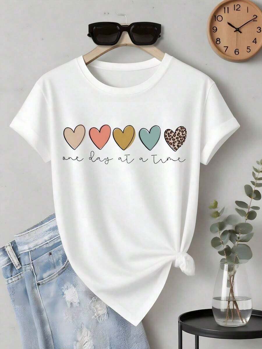 And Women's Graphic T-Shirt | Colorful Hearts, One Day At A Time | 100% Cotton Fabric | Soft And Comfortable | Perfect For Everyday Wear And Gifts | Unisex Crew Neck T-Shirt | Made In Mexico | Domestic Shipping Men's T-Shirt Women's Tops Sweatshirts Y2k T-Shirt Shirt - 白色 - 查看 1