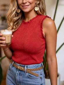 Sexy Slim Fit Camisole, Round Neck Ruffle Trim Sleeveless Design, Ribbed Stretchy Fabric, Slimming & Flattering, Versatile Spring/Summer Layering Top, Pair With Jeans For Chic Look - Red - View 2