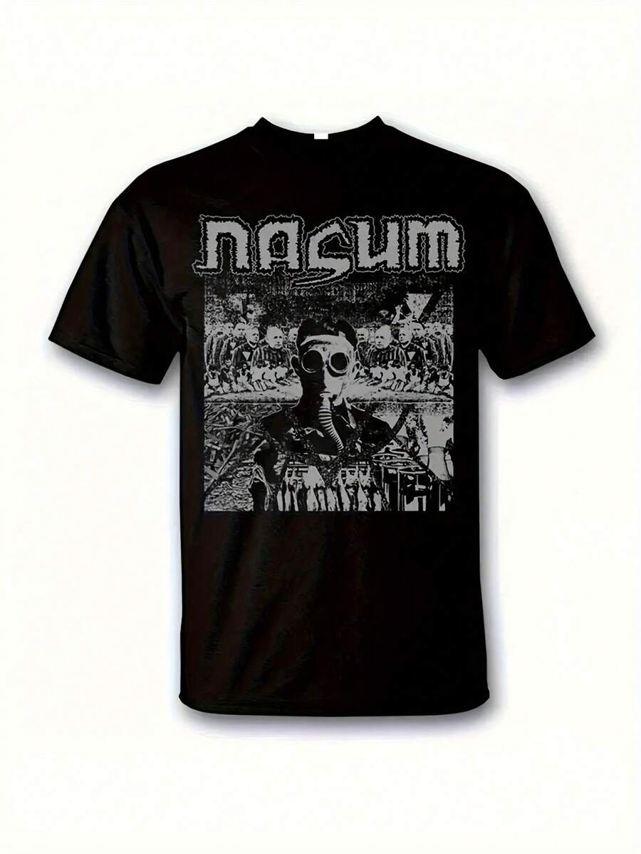 Nasum Heavy Metal Band Graphic T-Shirt - Industrial Gas Mask Design, Printed, Casual Music Merchandise, Perfect Gift For Heavy Metal And Nasum Fans, Collectible Item For Fans, Bold Printed T-Shirt, Premium Merchandise, Short Sleeve T-Shirt, A Short Sleeve T-Shirt Suitable For Home, Daily Wear, Parties And Travel - Perfect As A Gift For Friends Or Family. - 黑色 - 查看 1