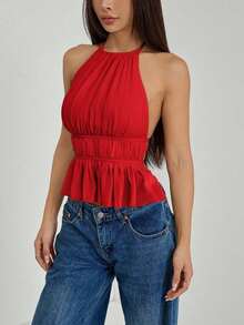 Top sin espalda con cuello de halter con pliegues y cintura con lazo para mujer - Burdeos - Ver 3
