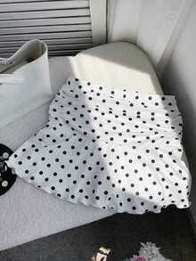 Minifalda acampanada fruncida con estampado de lunares para el verano - Blanco y Negro - Ver 7
