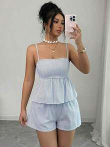 Camiseta sin espalda de lino con cuello en V profundo a rayas azul y blanco, de cintura baja con cordón, suelta y casual, corta, sexy, linda y elegante, romántica para el verano para mujeres, diseño con lazo sin espalda, conjunto de vacaciones de - Azul - Ver 6