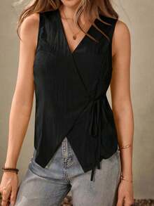 Chaleco estilo BOHO casual de estilo campestre estadounidense en color crema amarillento, con tirantes delgados, adecuado para maestras, oficina, viajes, con aspecto vintage.Blusa de verano para mujer en color amarillo claro, top de verano para mujer, top con lazo amarillo, top envolvente amarillo, top cruzado para mujer, top de verano para mujer de estilo occidental, para maestras de campo - Negro - Ver 5