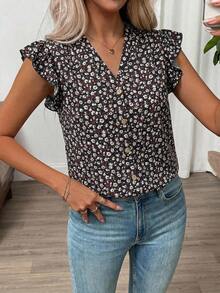 Clasi Blusa de mujer de verano con cuello en V y mangas cortas con estampado floral - Negro - Ver 7
