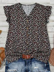 Clasi Blusa de mujer de verano con cuello en V y mangas cortas con estampado floral - Negro - Ver 9