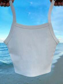 Top de tirantes corto de punto acanalado de unicolor minimalista para uso casual y diario de verano para mujeres - Blanco 3 - Ver 2