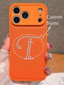 Personalized Emboss Letters Name Lychee Pattern Faux Leather Camera Protection Phone Case Compatible With IPhone 17 Pro Max 17 Pro 16 Pro Max 16 Pro 15 Pro Max 14 Pro 14 13 12 11 Pro Max Soft Lens Shockproof Protective Cover - Orange - View 2