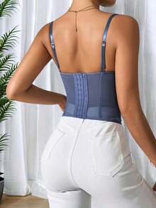 1 pieza Parte superior corta ajustada con adorno de encaje para mujer, top corset ajustado y sexy, adecuado para fiesta, viaje, reunión, Navidad, San Valentín, verano casual negro - Azul - Ver 4
