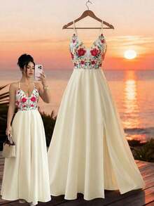 Vestido largo con abertura, escote en V, estampado floral, espalda elástica, diseño elegante y casual para uso diario, vacaciones y días festivos - Multicolor 2 - Ver 8