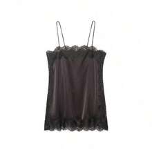 Blusa de satén y encaje de estilo minimalista europeo y americano, de moda para el verano, para vacaciones - Marrón 2 - Ver 7